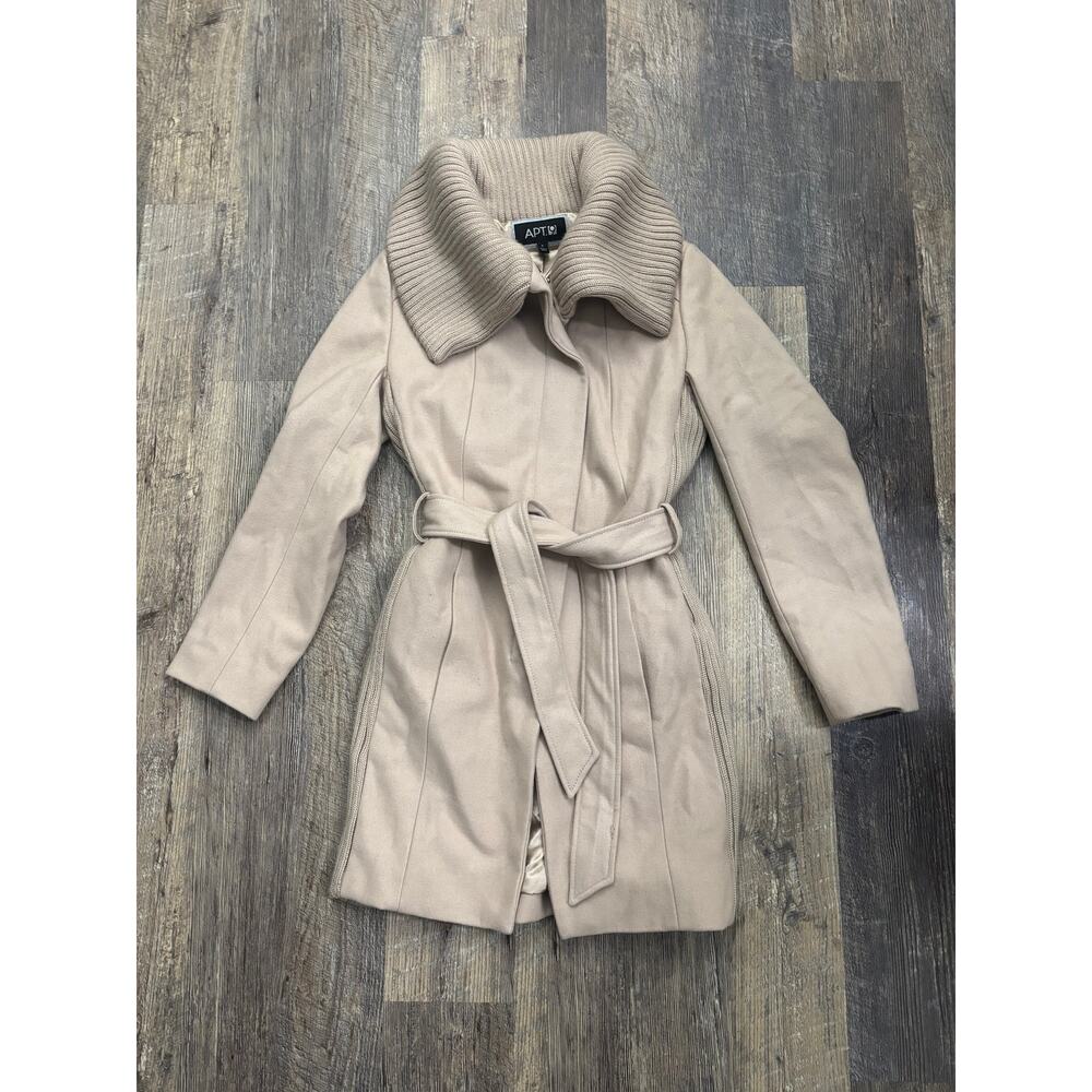 Apt 9 Womens Wool Blend Ribbed Knit Collar Belted Wrap Coat Beige Tan Small